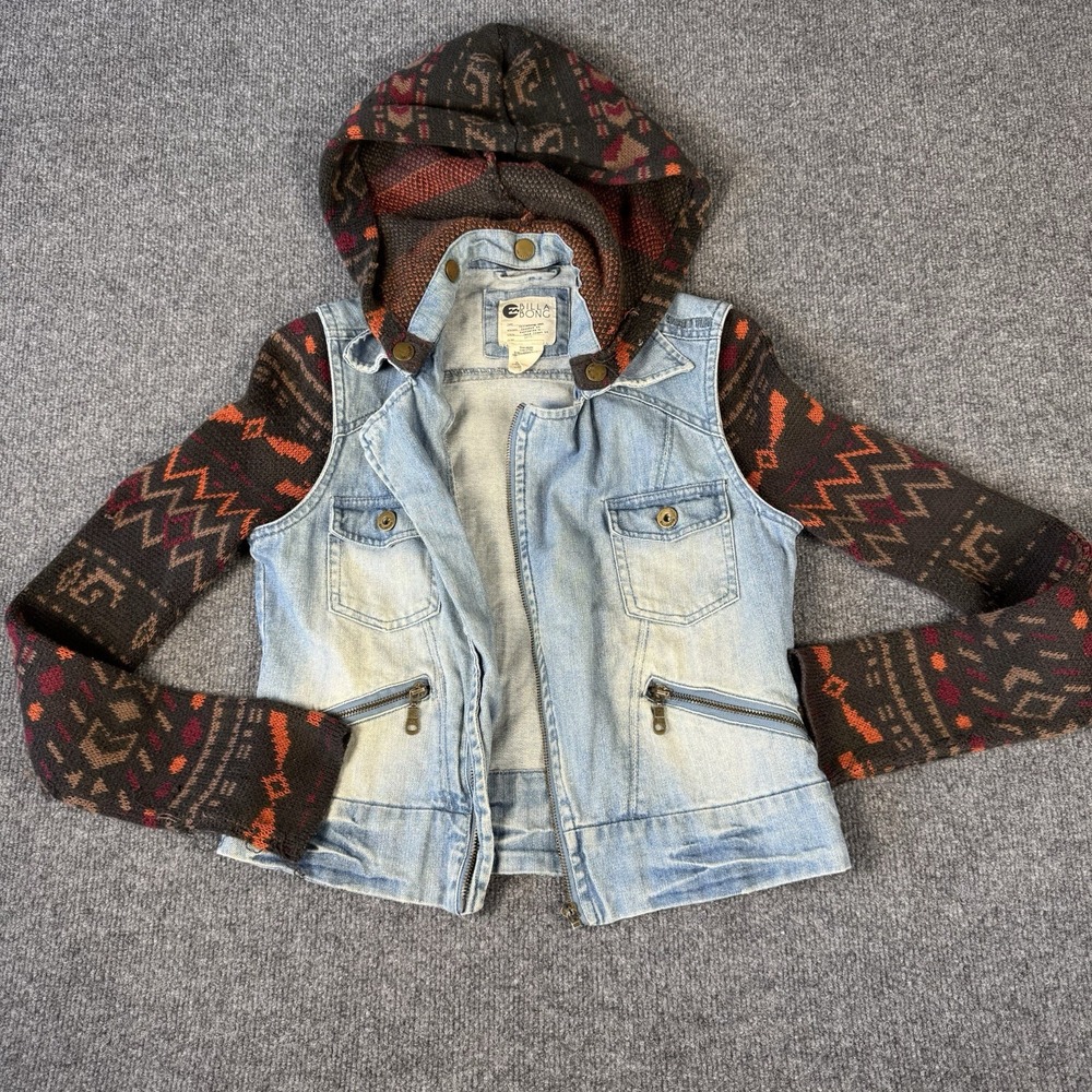 Vintage Billabong Denim Jacket Sweater Knit Sleeves Women's Small S Surfer